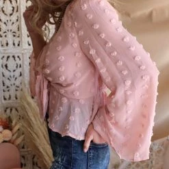 Main Strip Rose Bell Sleeve Peplum Swiss Dot Crop Top