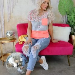 7th Ray Neon Coral + Leopard Color Block Tee Best Sellers