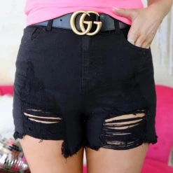 White Birch Apparel Solid Black Distressed Frayed Hem Shorts