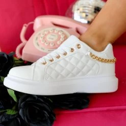 Cape Robbin Footwear White Quilted Gold Chain Sneakers