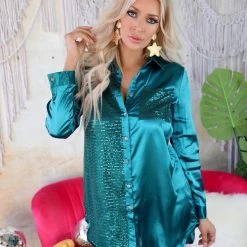 C + D + M Turquoise Satin + Sequin Button-up Tunic Blouse