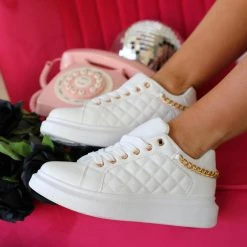 Cape Robbin Footwear White Quilted Gold Chain Sneakers