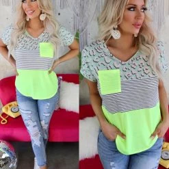 7th Ray Apparel Neon Lime + Leopard Color Block Tee