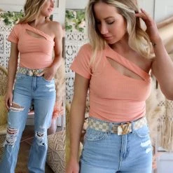 Peach Love Coral Haze One Shoulder Cutout Bodysuit Apparel