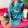 C + D + M Turquoise Satin + Sequin Button-up Tunic Blouse