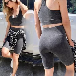 Double Zero Apparel Black Ribbed Mineral Washed Sports Top + Biker Shorts Set