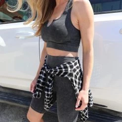 Double Zero Apparel Black Ribbed Mineral Washed Sports Top + Biker Shorts Set