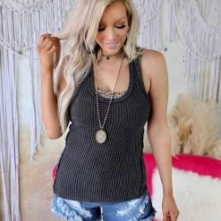 Blue Buttercup Black Vintage Wash Waffle Tank Top