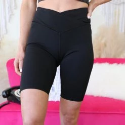 The Lace Cactus Apparel Brinley Black Tight Shorts With Overlapping Waistband