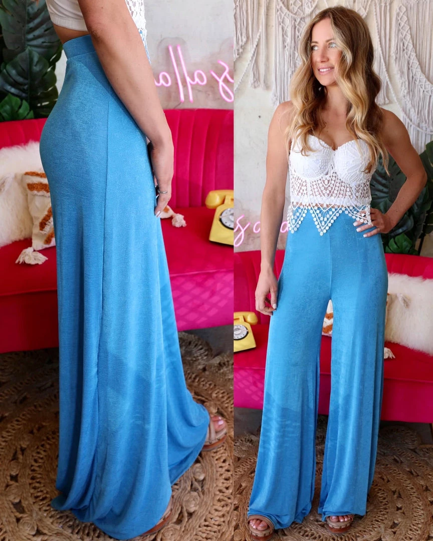 The Lace Cactus Apparel Tabitha Blue Slinky Palazzo Pants