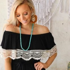 Lovely Melody Black Off Shoulder Crochet Trim Romper