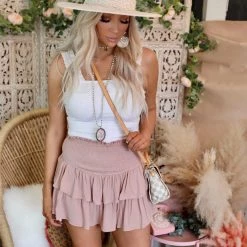 Blue B Apparel Beige Ruffle Smocked Mini Skort