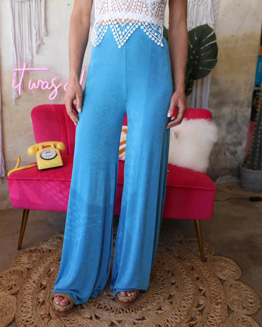 The Lace Cactus Apparel Tabitha Blue Slinky Palazzo Pants