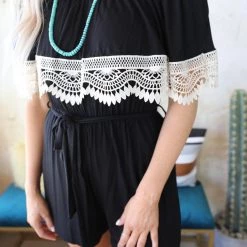 Lovely Melody Black Off Shoulder Crochet Trim Romper