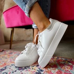 Qupid Footwear Willis White Rhinestone Tennis Shoes