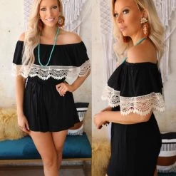 Lovely Melody Black Off Shoulder Crochet Trim Romper