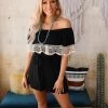 Lovely Melody Black Off Shoulder Crochet Trim Romper