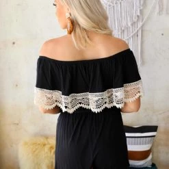 Lovely Melody Black Off Shoulder Crochet Trim Romper