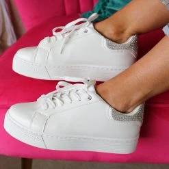 Qupid Footwear Willis White Rhinestone Tennis Shoes