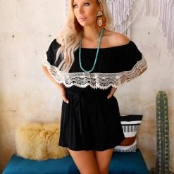Lovely Melody Black Off Shoulder Crochet Trim Romper