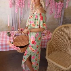 Haptics Sadie Sage And Pink Floral Ruffle Off Shoulder Maxi Dress
