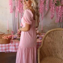 Cherry Cloth Picnic Time Pink Checkered Tie Front Dress Apparel