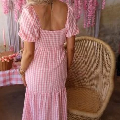 Cherry Cloth Picnic Time Pink Checkered Tie Front Dress Apparel