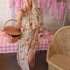 Haptics Sadie Sage And Pink Floral Ruffle Off Shoulder Maxi Dress