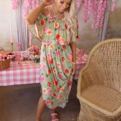 Haptics Sadie Sage And Pink Floral Ruffle Off Shoulder Maxi Dress