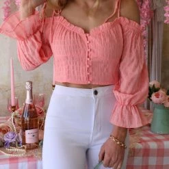 Lush Apparel Sweet Pink Off Shoulder Button Down Crop Top