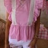 English Factory Poppy Pink And White Striped Ruffle Sleeve Top