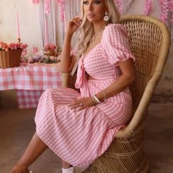 Cherry Cloth Picnic Time Pink Checkered Tie Front Dress Apparel