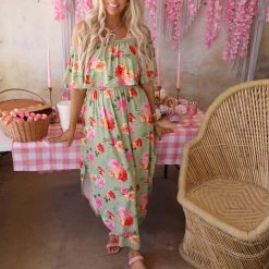 Haptics Sadie Sage And Pink Floral Ruffle Off Shoulder Maxi Dress