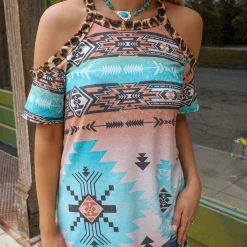 Avery Andy Aztec And Leopard Cold Shoulder Tee Apparel