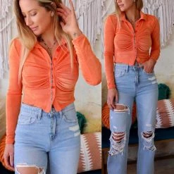 Hidden Brand Orange Silky Collared Crop Top Apparel