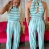 Veveret The Marissa Mint Striped Sleeveless Jumpsuit Apparel