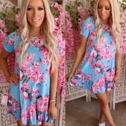 Sassy Look Leia Light Blue And Pink Floral Dress