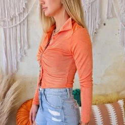 Hidden Brand Orange Silky Collared Crop Top Apparel