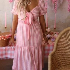 Cherry Cloth Picnic Time Pink Checkered Tie Front Dress Apparel