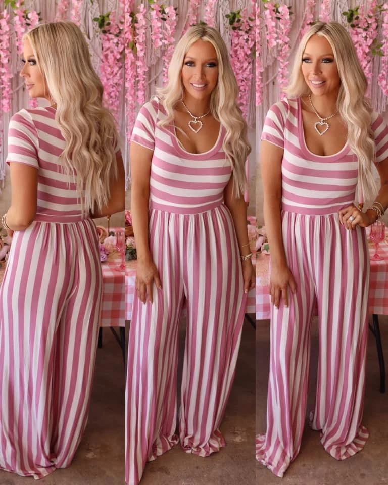 Veveret Apparel Mauve And White Striped Jumpsuit