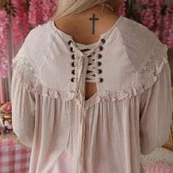 Vine + Love Natural Lace Up Back Swiss Dot Blouse
