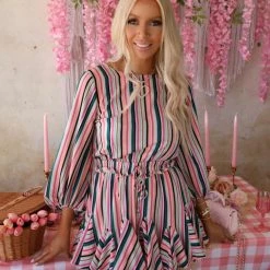 Mainstrip Tara Teal And Pink Striped Long Sleeve Romper Apparel