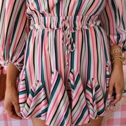 Mainstrip Tara Teal And Pink Striped Long Sleeve Romper Apparel
