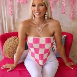 POL Pink Checkered Crochet Tube Top Apparel