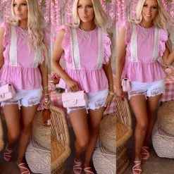 English Factory Poppy Pink And White Striped Ruffle Sleeve Top