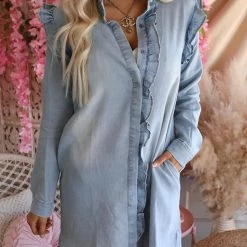 Mazik Apparel Dolly Denim Ruffle Button Up Dress