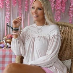 Vine + Love Natural Lace Up Back Swiss Dot Blouse