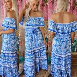 Flying Tomato Apparel Brynne Blue Floral Off Shoulder Maxi Dress