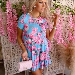 Sassy Look Leia Light Blue And Pink Floral Dress