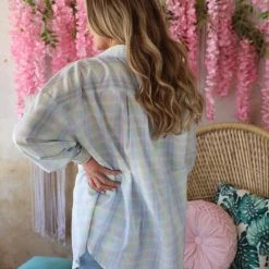 Bibi Apparel Blue And Pink Plaid Button Up Top